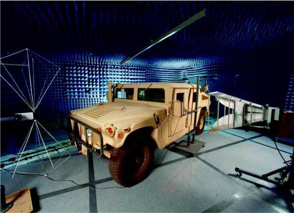 Military vehicle in electronic testing chamber